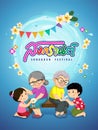 Kids giving jasmine garland and pouring scented water onto eldersÃ¢â¬â¢hands and asking for blessing. Songkran Thai festival concept Royalty Free Stock Photo